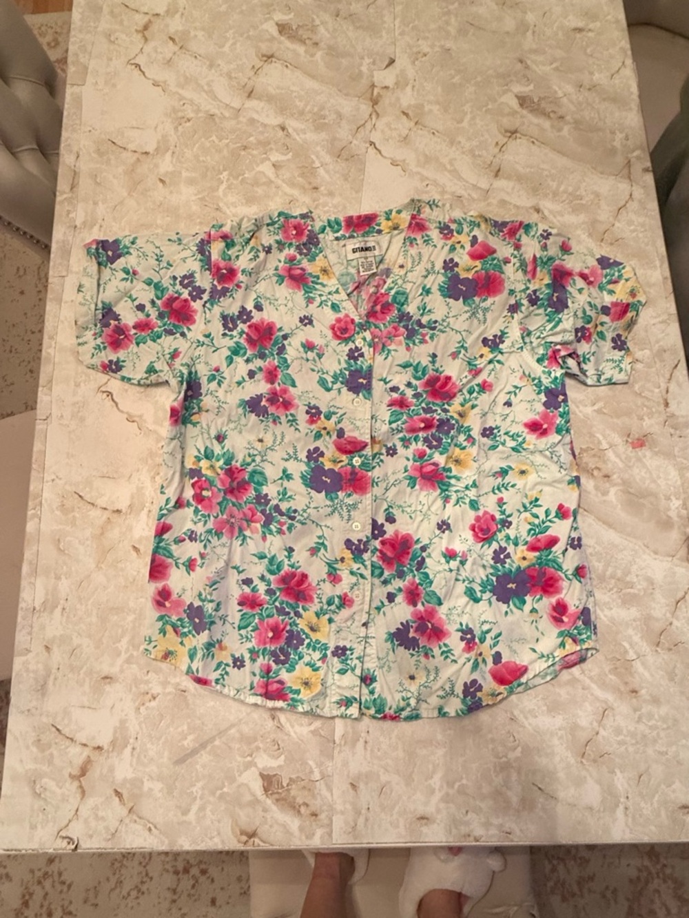 Gitano Floral V-Neck Button Top in White with Pink, Teal & Purple